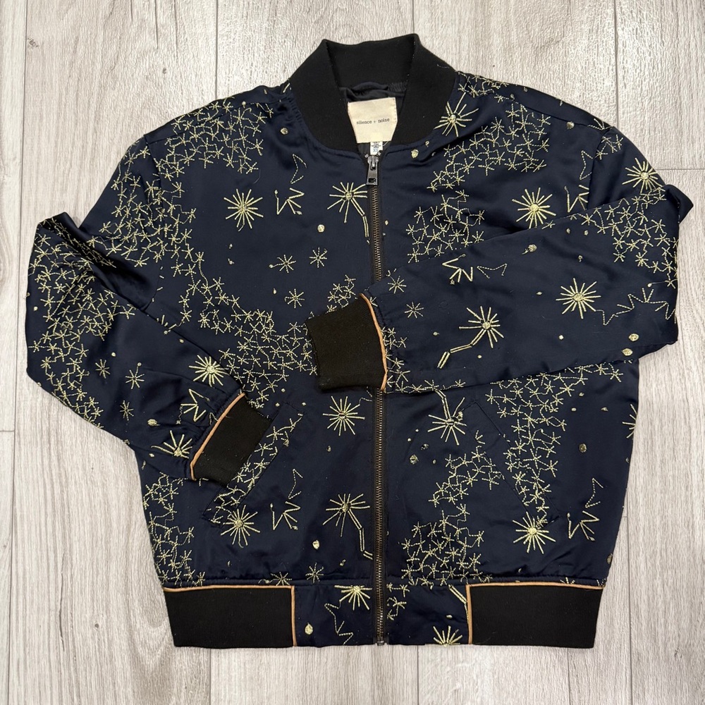 Silence + Noise Celestial Black/Dark Navy and Gold Bomber Jacket